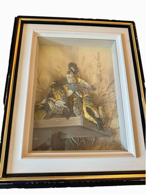 Vintage Mixed Media Bird Art Set of 2 in wood frames